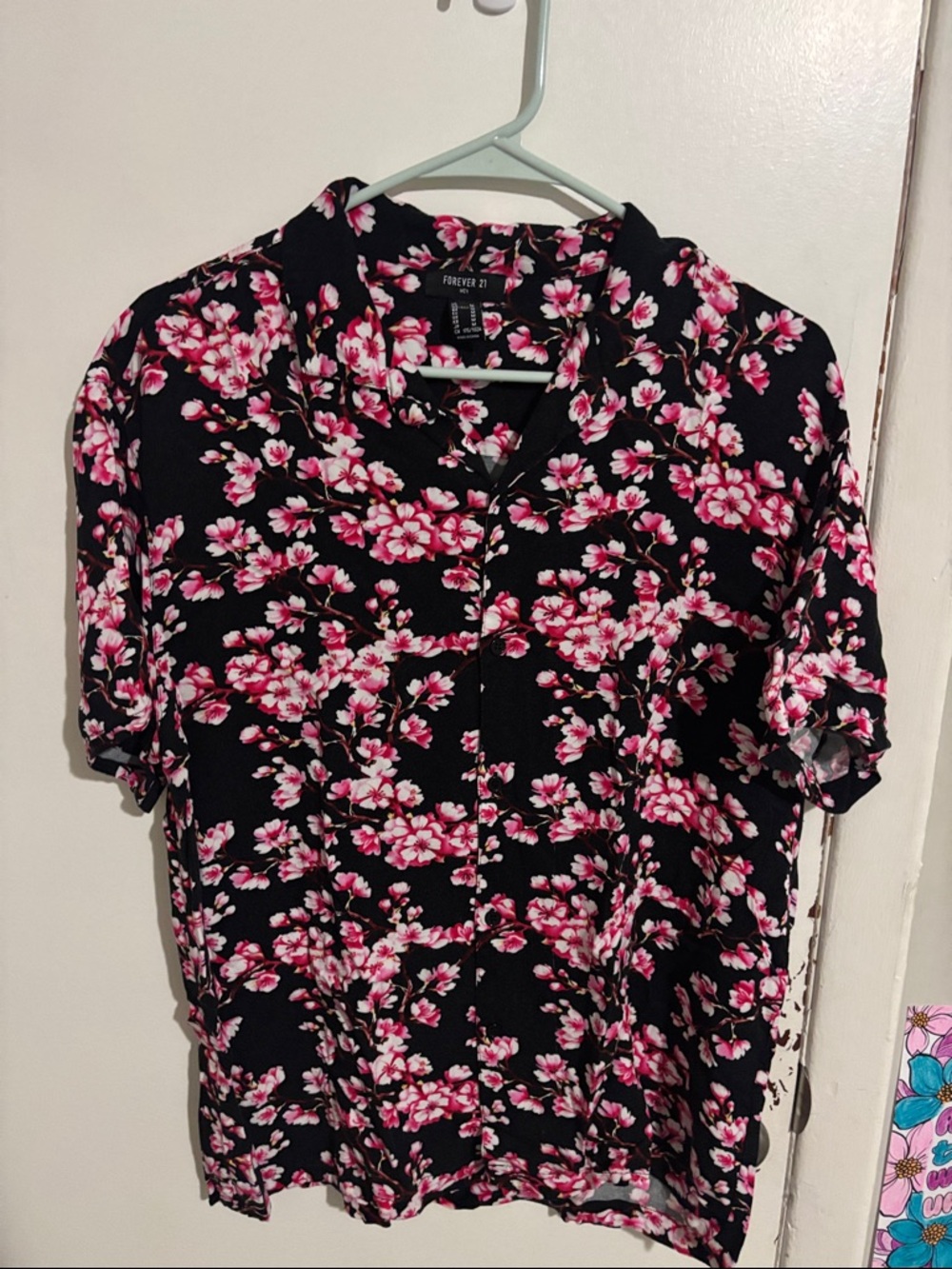 Men's M Forever 21 Cherry Blossom Button Down Pink and Black